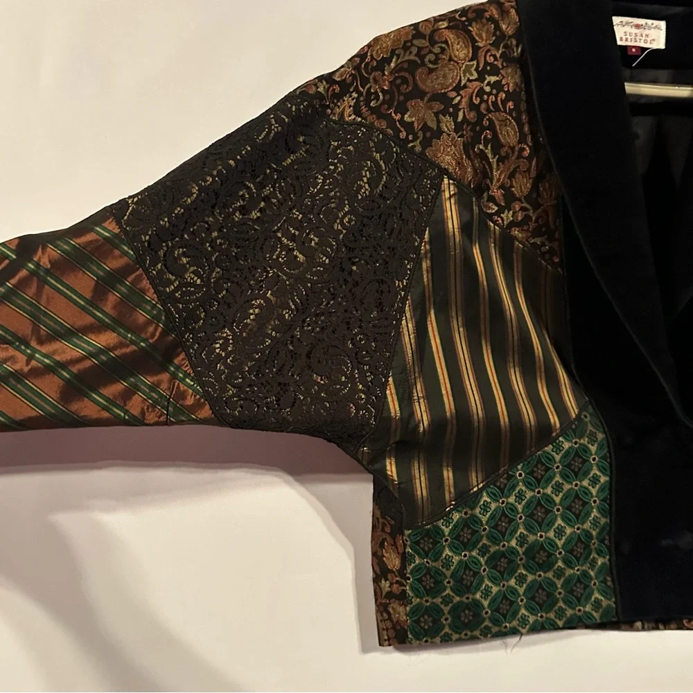 VTG Susan Bristol Patchwork Blazer Jacket Size S Mixed Media Velvet Lace Brocade